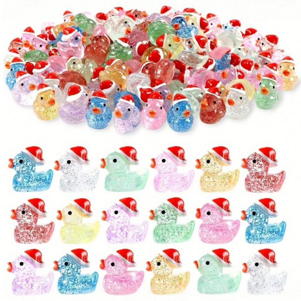 Resin Glitter Pack - クリスマスダックギフトセット50個入り、サンタ帽子付き、光沢のあるグリッターミニラバーダック、クリスマスパーティーのギフトフィラーに最適