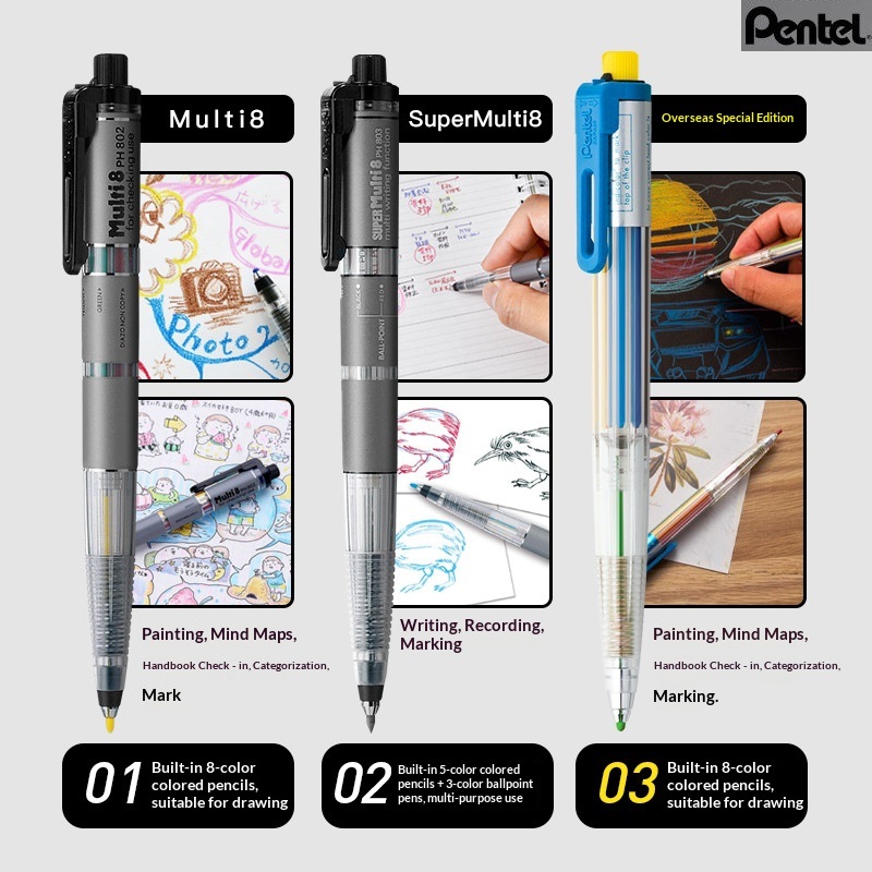 Pentel Pen Energel - オリジナル日本製 ペンテル アートマルチ 8色シャープペンシルセット 2.0mm 多機能自動鉛筆
