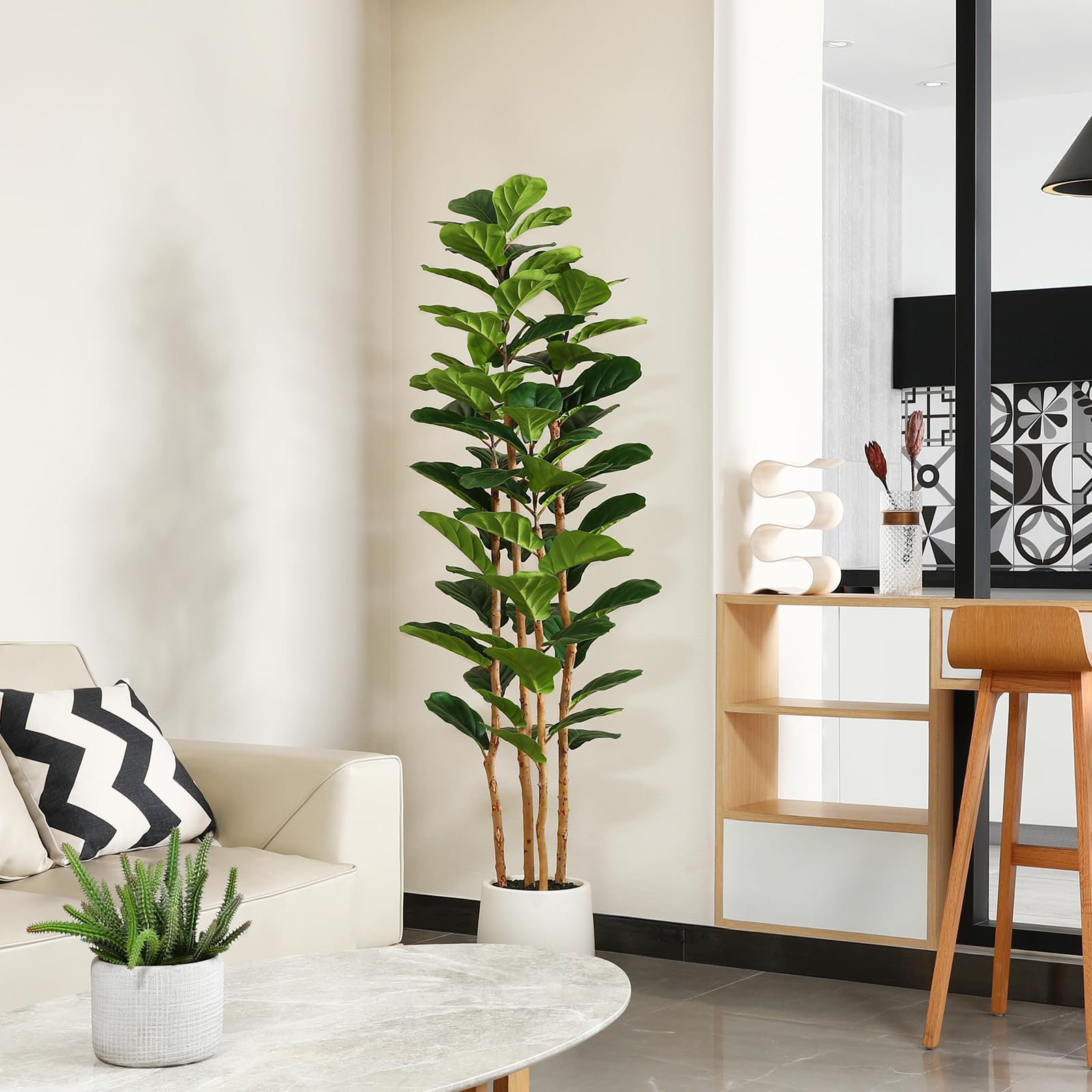 白いプランター付きの人工フィドルリーフフィギュアムツリー。高 - Terrarium Moss Art のレビューと価格
